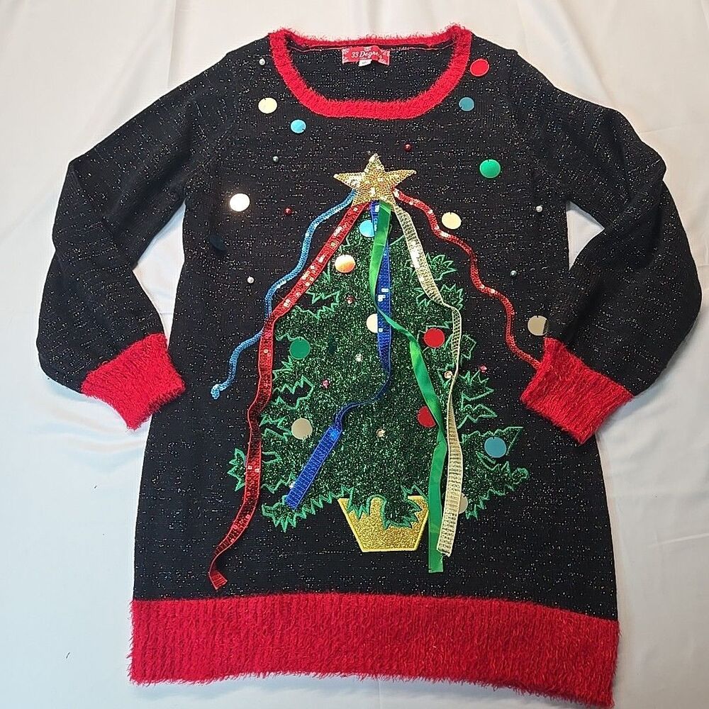33 Degrees Womens Ugly Christmas Tree Sweater L Black Red Holiday Party Beaded